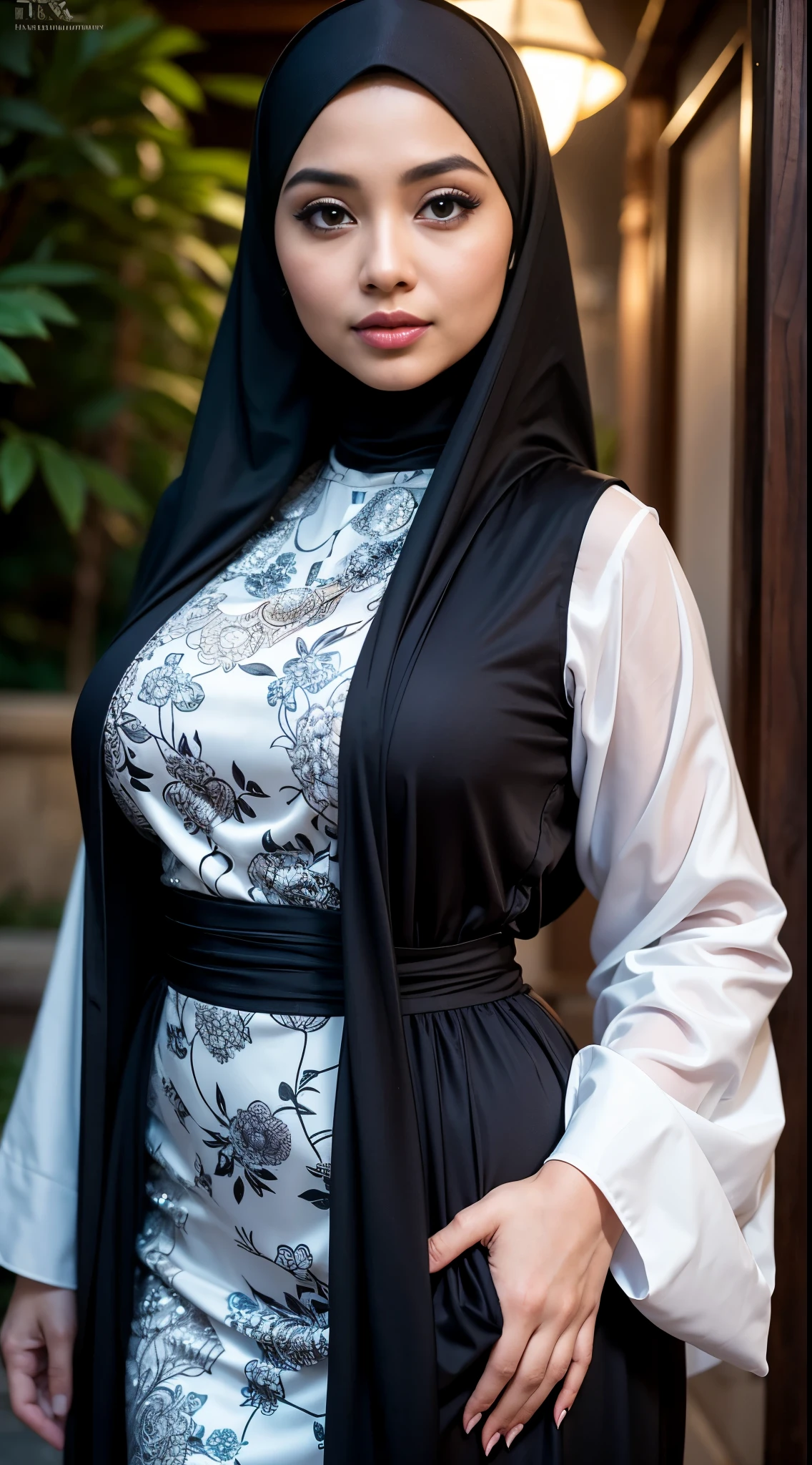 ( Close Up),RAW, Best quality, high resolution, masterpiece: 1.3), beautiful Malay woman in hijab, Masterpiece, perfect body, Big breasts, thick thighs, beautiful big eyes, mole under the eyes, long eyelashes, big eyes, beutifull face, Soft smile, woman wearing a black and white floral dress, stylish dark dress, wonderful masterpiece, long dress with apron, long dress female, very beautiful and elegant, beautiful masterpiece, modest flowing gown, very beautiful masterpiece, intricate hakama, by Ren Renfa, full covered dress, beautiful soft silky dress, stylish dress, dark grey, elegant and extremely ornamental   , illustrious clothes  Soft turtleneck, evening walk, garden park, Great lighting, Bright colors, Clean lines