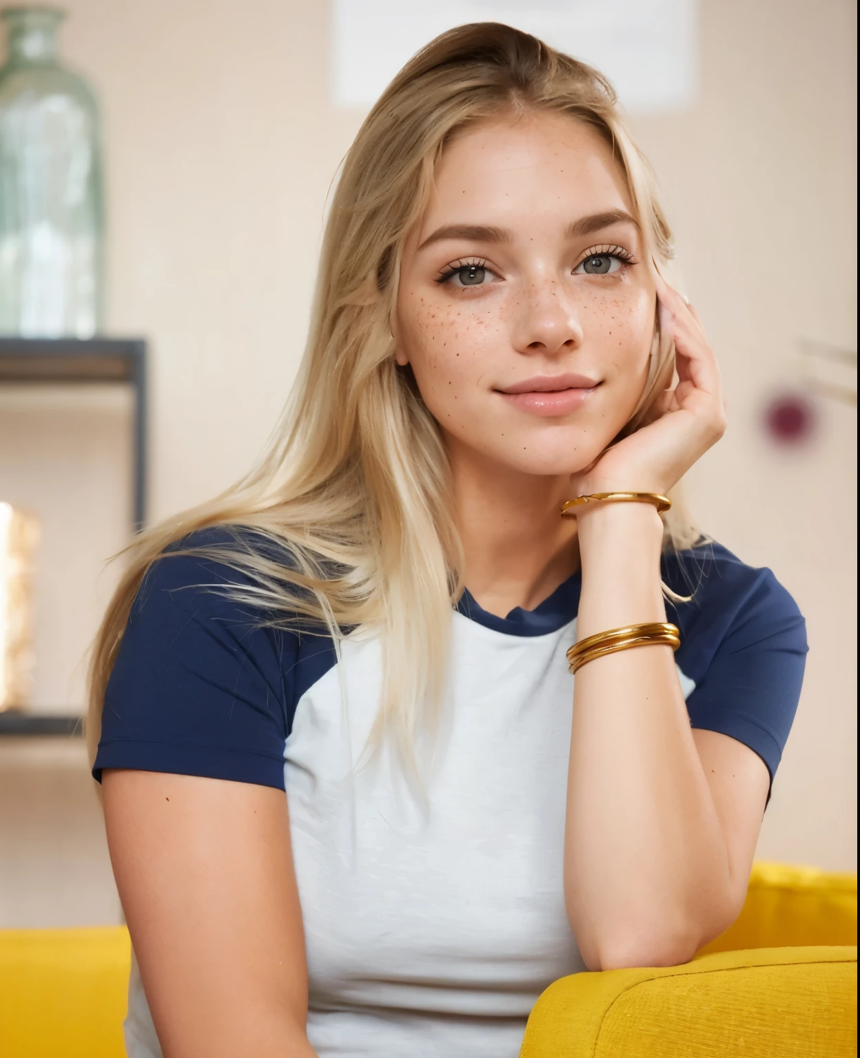 Rosto de uma mulher, americana, 25 anos, pale skin and freckles, olhos cinzas, nariz delicado, soft and delicate lips, cabelo blondie cinza longo e ondulados, sorriso meigo