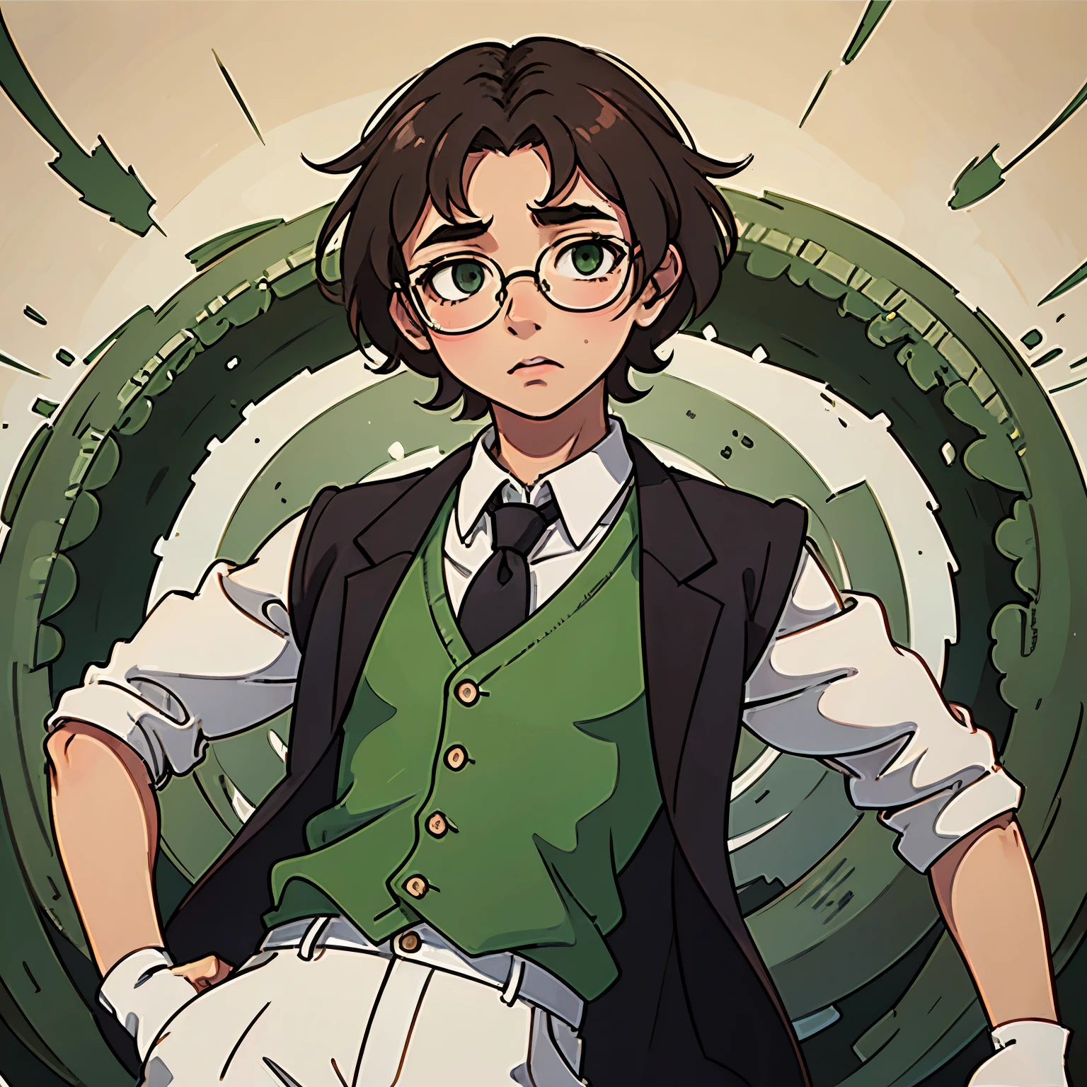 brown skinned  boy, Short green curly hair, rosy lips, glasses, wearing a white shirt with a green vest and black tie, green eyes