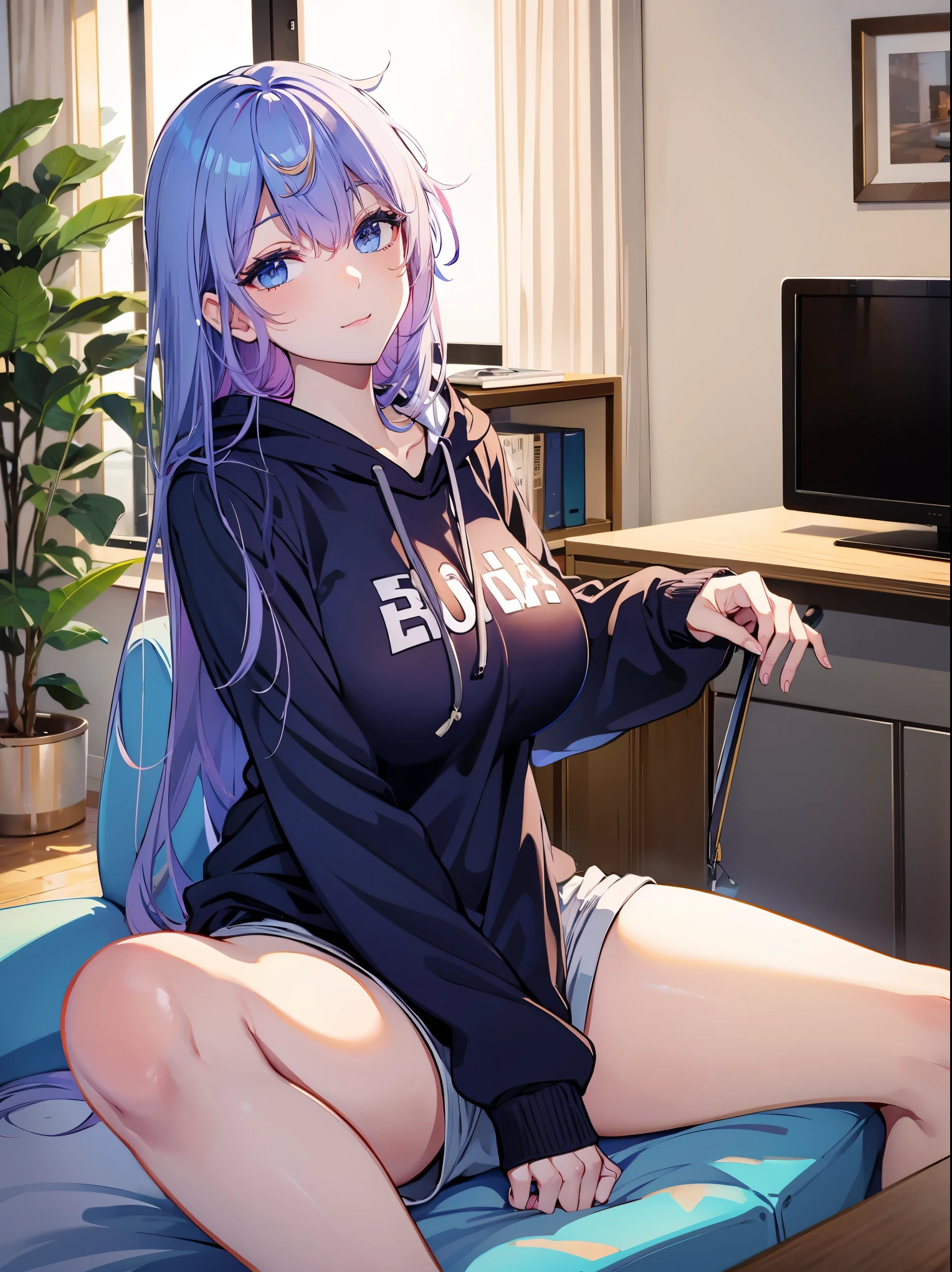 Tang Wutong, big boobs, wearing a sweatshirt and shorts, watching tv, living room, home