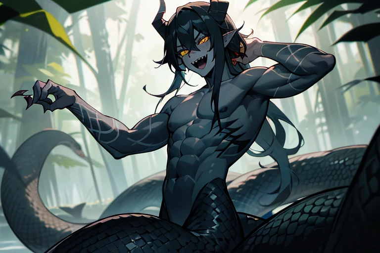 Lamiaan image a drawing of a man whose lower body is a snake, 1boy, black scales, black snake, male focus, solo, (monster boy),(snake boy), lamia, snake eyes, yellow eyes, (tsurime:1.0), oni horns, open mouth, (fang:1.0), sharp fangs, (upper teeth), evil smile, glasgow smile, black hair, long hair, tired hair, muscular, topless, (pale skin), (sharp nails), (tribal tattoo:1.0), (background in forest), masterpiece, best quality, high resolution, ultra-detailed