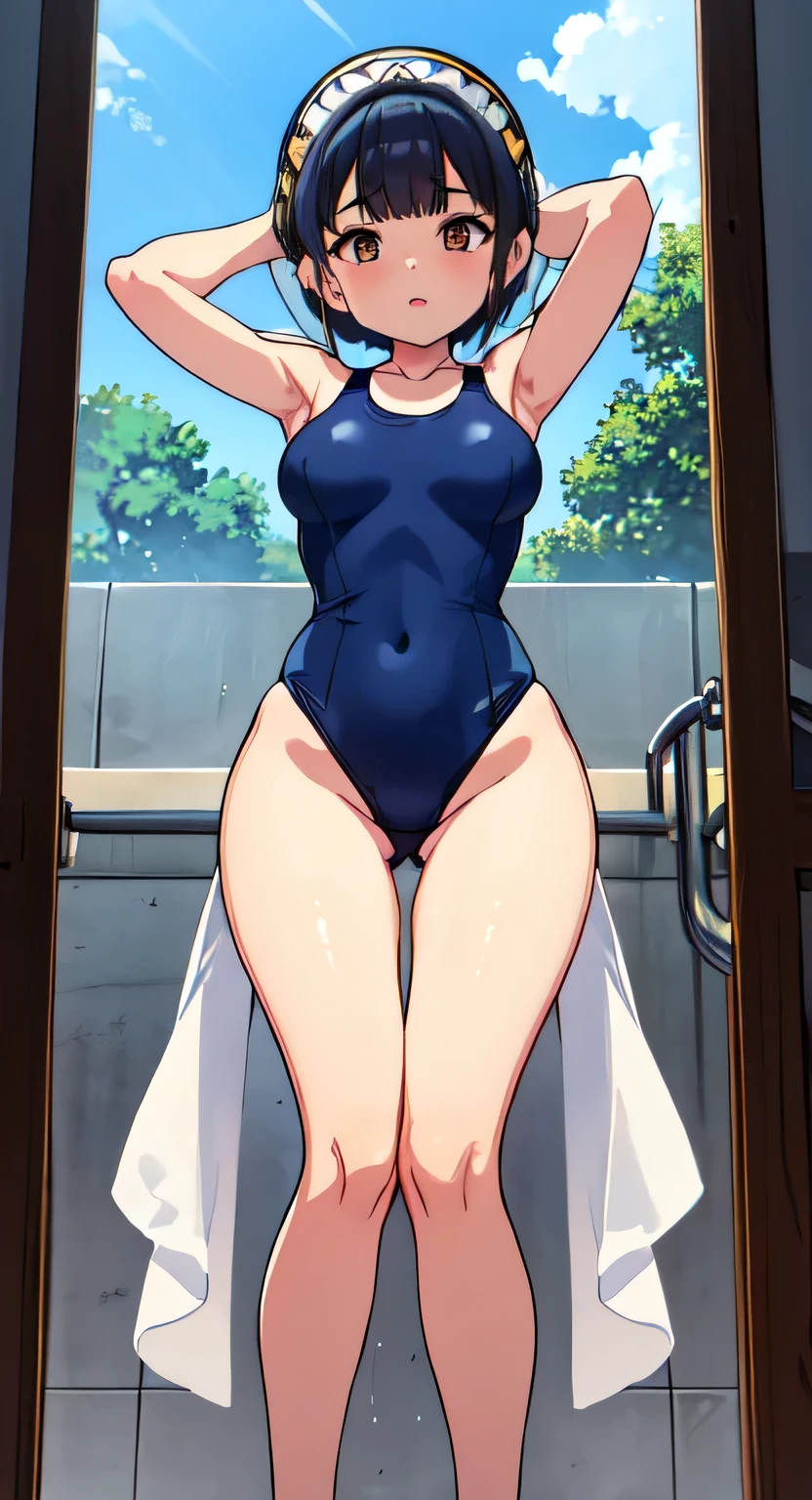 (Corpo Perfeito),best quality,masuter piece、(Retrato 8K),(Arte Oficial)、Olhos fechados、(((corar))),(((suar))),((Seios enormes))、(((((Navy blue high-leg swimsuit)))))、((Roupa de banho tomara que caia))、(big forhead)), Cabelo franja cortado,short hair, (Brown eyes and own hair),(((coxas grossas)))、joelho sox、  Woman、(casa de banho)、ser atingido no chuveiro、(arms behind her head)、(de lado)