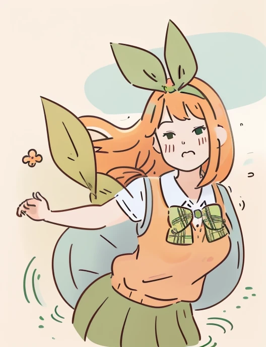 Illustration of a orange haired woman blowing in the wind, orange flowing hair, 2D illustration, 2 d illustration, lofi portrait, Floating. green ribbon, serene illustration, wikihow illustration, lofi-girl, Hair is floating in the wind, blurry and dreamy illustration, lo-fimasterpiece, best quality, illustration, minimal design for a t-shirt, yotsuba nakano in a dynamic pose, orange bob hair, orange shoulder length hair, green ribbon, anime minimal design, flat shapes, green hair bow ribbon, green bowtie, yellow sleeveless sweater, collared white shirt, green pleated skirt, school uniform, Good shapes, perfect lines, perfect lineart, professional, good