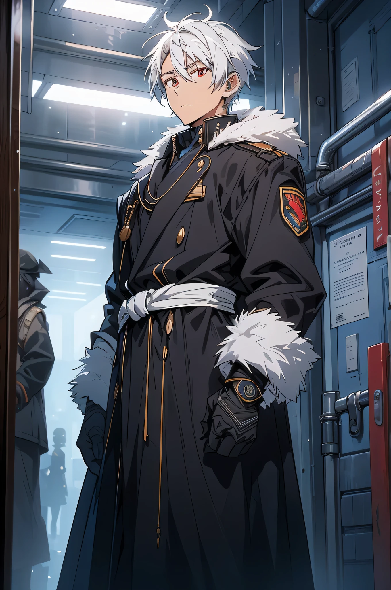 8k, high definition, dramatic lighting, Cinematic, ultra high resolution, perfect eyes, highly detailed face, in a cyberpunk world, standing inside an office, inside an intimidating building with black stone walls a young guy, 1guy, 15 years old, tall stature, he has red eyes, military uniform, high ranking officer in the military, wears a long black coat with white fur around the collar, coat hanging over shoulders with no arms in the sleeves, short length white hair, broad shoulders, handsome, stern, intimidating, fit, muscular, tall, well dressed, well groomed, short hair, white hair