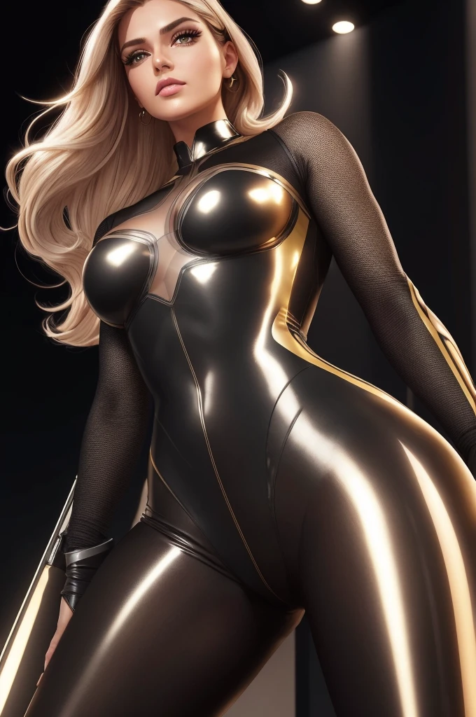 (best quality,8k:1.2,high resolution:1.2),ultra-detalhado,Realistic,science fiction female superhero,retro futurism,cabelos azuis,belos olhos detalhados,beautiful detailed lips,olhos e rosto extremamente detalhados,long eyelashes,Transparent beige latex leotard,Apertado,see-through tights,Shiny Metal Accessories,fundo branco neutro,profissional,vivid colors,Physically-based rendering,foco nítido,studio lighting,artistas conceituais