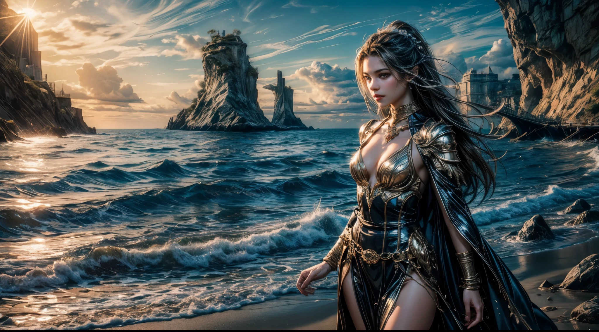 Photography (85mm): Capture the essence of a fantasy novel cover in a photograph, featuring a girl with magical prowess by the sea. Employ an 85mm lens to focus on the protagonist against a backdrop of a mystical seascape. The color temperature leans towards cool tones, enhancing the magical ambiance. The girl's expression exudes a sense of power and wonder, as the sea sparkles with ethereal lights, setting the stage for an epic tale.