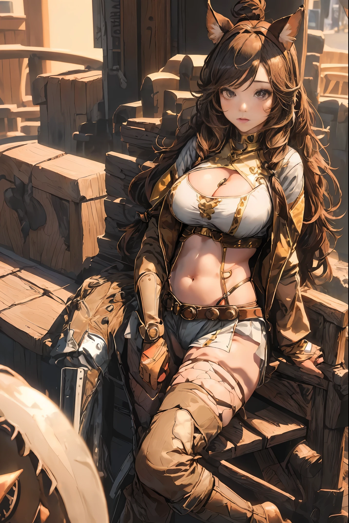 Anime Girl, Cowgirl costume, Colossal tits, Brown hair, perfectly proportions:1.3, ((Long hair)), (hairstyle that doesn't show ears:1.4, Animal ears:1.6), Perfect Anatomy