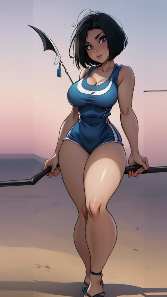 Beautiful girl with short black hair.  She is wearing a white tank top and a blue jumpsuit.Another planet background. big tits. He has a black long scythe in his right hand