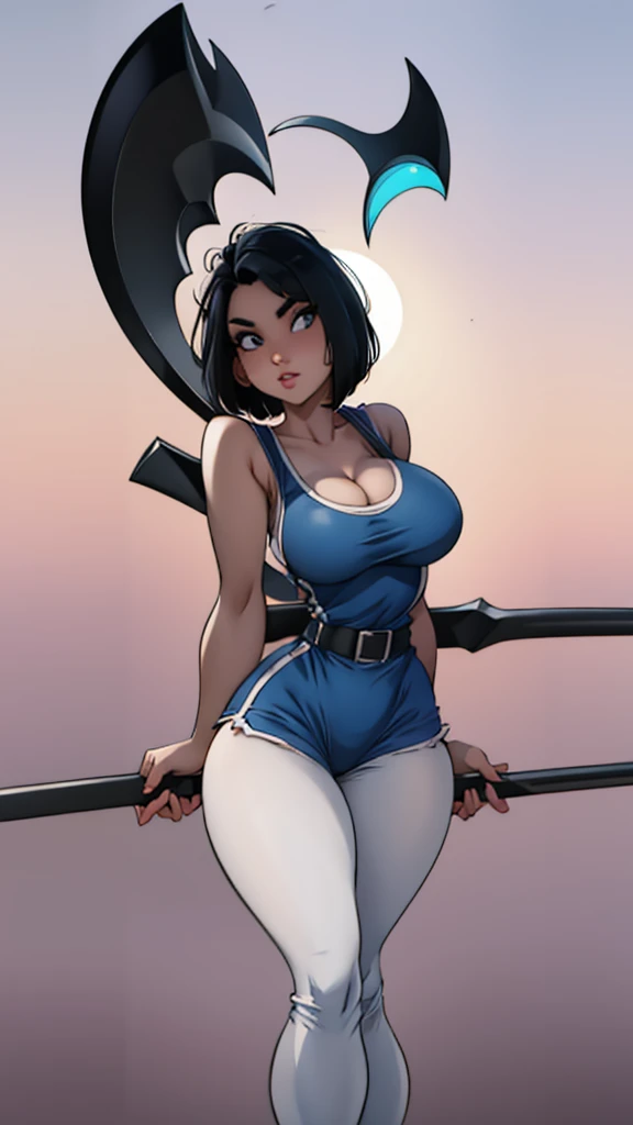 Beautiful girl with short black hair. She is wearing a white tank top and a blue jumpsuit.Another planet background. big tits. He has a black long scythe in his right hand