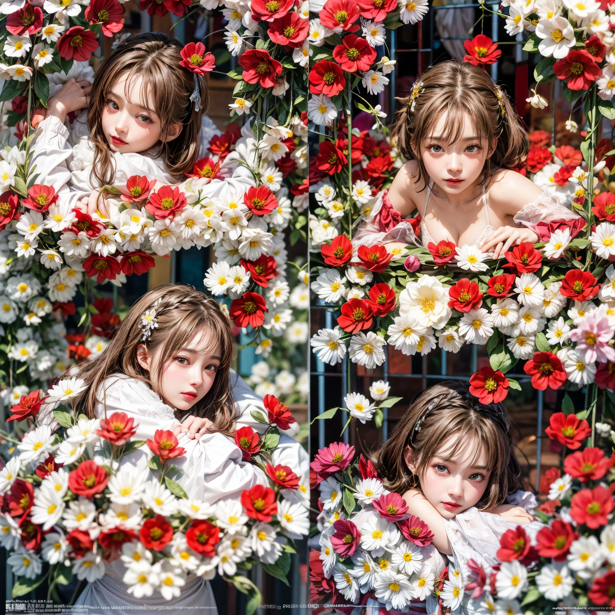 Sexy girl in ((WHITE)) and Delicate lace underwear, with Glossy RED lips, (Exposed:1.2), (nipple:-0.9), { closeup of Cute lips | Dynamic-angle }, ((Dazzling stained glass Background)), (( colorful Light shines through stunning elaborate stained glass:1.2)), vivid Red colors . ((Acutance:0.8, physically-based rendering)), (masterpiece:1.2), (ultra-detailed:1.35), (realistic, photorealistic, ((photo-realistic:1.37))with touch of rawness) . ((Renbutsu Misako)), (Extremely detailed KAWAII face variations, with Dynamic expressions), detailed eyes with sparkling highlights, captivating gaze, long eyelashes, subtle blush on the face, rosy cheeks, impeccable oiled ivory skin texture . { full of flowers covering girl's body | Mystic sight | haze | Light Particle | Lens Particle | Lens Flare | Dazzling angle's Halo | Overflowing sideboob } . ((( not Detailed fingers:-0.9))) .