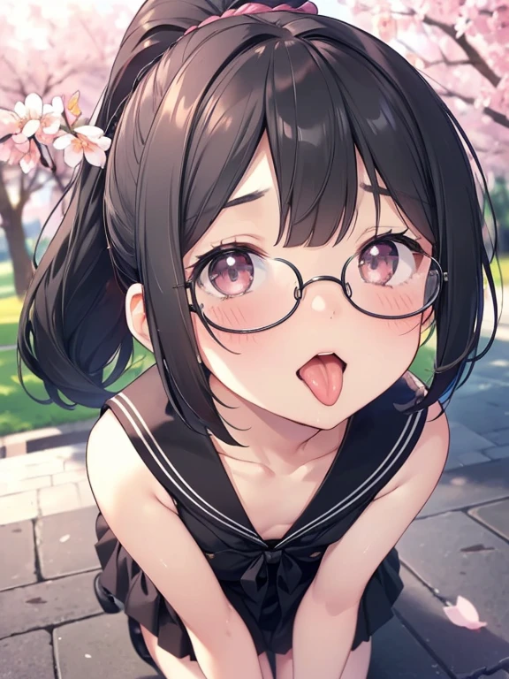 ultra-detailliert, Best Quality, hight resolution, moe-anime, ((A petite, black-haired girl with a big face and cute droopy eyes wears round glasses and looks up.)), Pretty eyes, Detailed eye depiction, Eye sparkle, Looking at Viewer, pale skin, (((Petite))), (flat chest:1.4), (blush:1.2), (big eye:1.4), a smile, In the park where cherry blossoms dance, Focus on the face, long ponytail hair, On all fours, ((super close up of tongue)), (((from above))), open_mouth, (((face only:1.4))), ((naked)), nsfw, saliva, Naked sailor suit