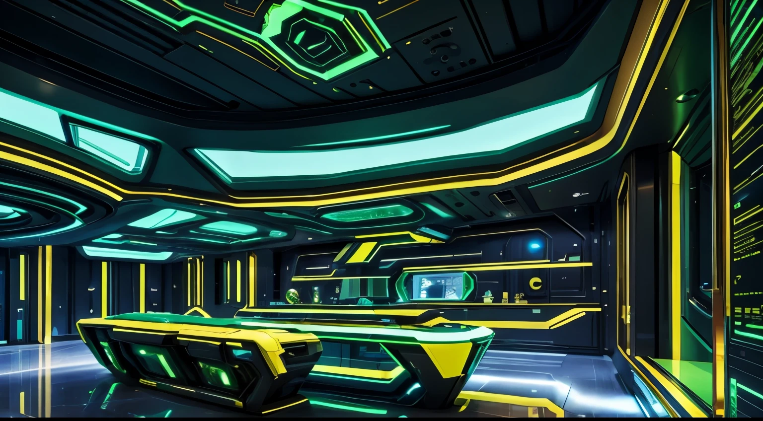 A futuristic emerald super scientist laboratory with golden details
