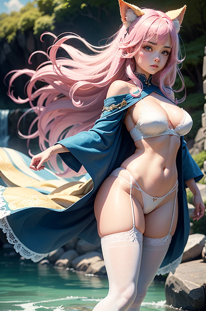 masterpiece, high quality, 1 girl, sorceress, facing forward, battle stance, long pink hair with pink fox ears, big blue eyes, small nose, cute innocent face, blue ornaments in her hair, skinny, big breasts, cleavage, poking nipples, dark blue short kimono with long wide sleeves and white/ gold details, white mini panties with strings, white lace thigh-high stockings, cinematic light, waterfall, river, pink cherry trees, waterfall, blue sky, white clouds