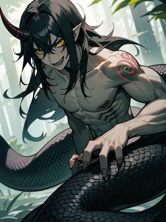 Lamiaan image a drawing of a man whose lower body is a snake, 1boy, black scales, black snake, male focus, solo, (monster boy),(snake boy), lamia, snake eyes, yellow eyes, (tsurime:1.0), oni horns, teeth, (fang:1.0), sharp fangs, (upper teeth), evil smile, glasgow smile, black hair, long hair, tired hair, muscular, topless, (pale skin), (sharp nails), (tribal tattoo:1.0), (background in forest),cinematic angle, masterpiece, best quality, high resolution, ultra-detailed