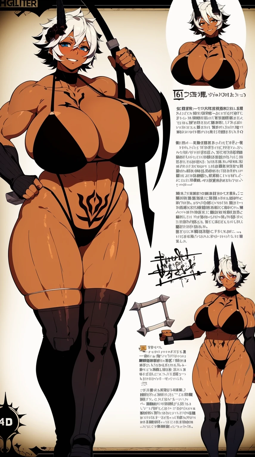 helga, dark-skinned female, short hair, silver hair, huge breasts, muscular female, thick thighs, thick arms, tomboy, holding axe, reflection light, blending, bloom, god rays, ray tracing, Fujicolor, drop shadow, Gothic art, anime, Ghibli-like colours, anime style, UHD, retina, masterpiece, ccurate, anatomically correct, textured skin, super detail, high details, high quality, award winning, best quality, highres, 1080P, HD, 4K, 8k, 16k,standing, warrior pose, axe holding,refsheet, charactersheet, blackbodysuit, smile,skinn covered