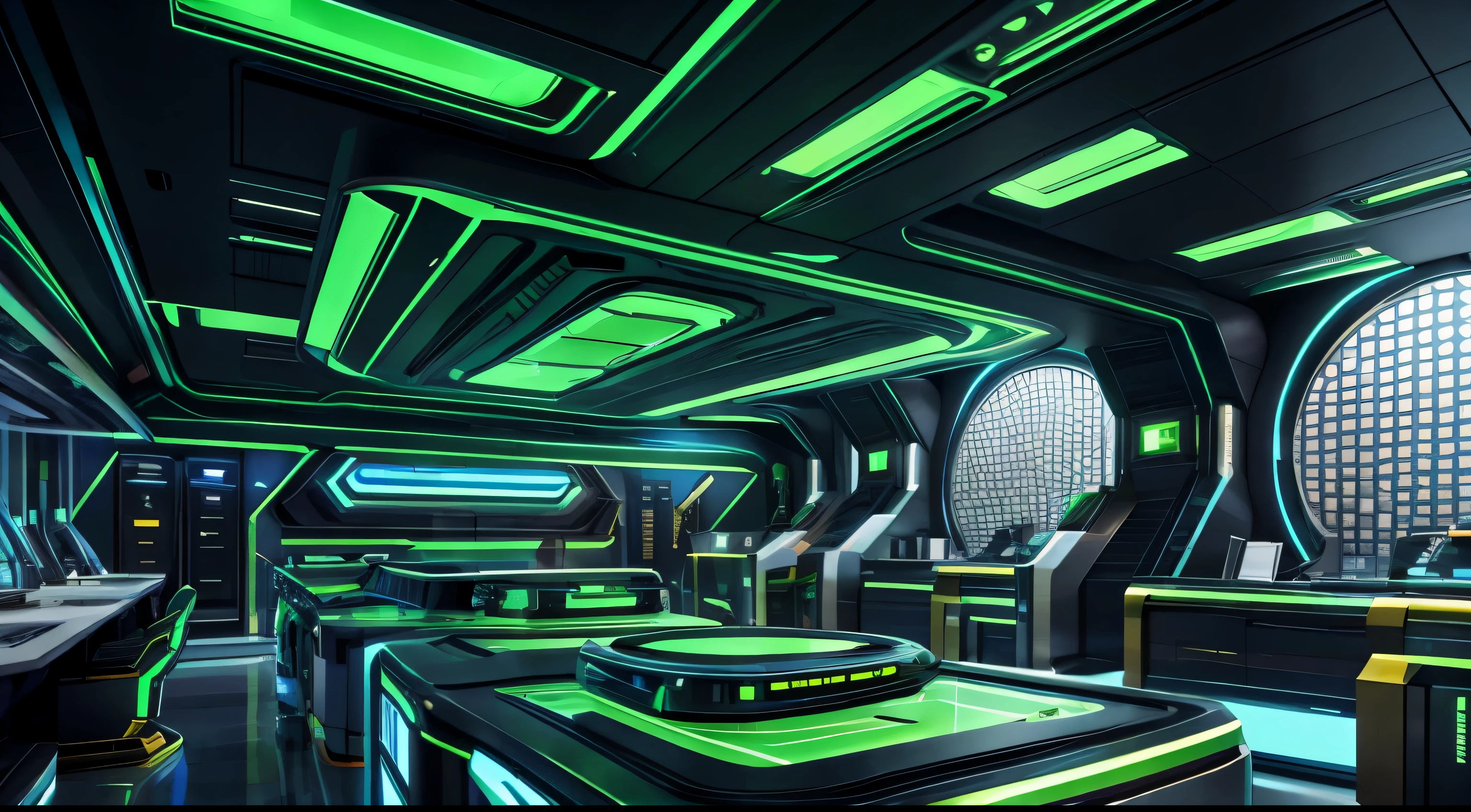 A futuristic emerald super scientists laboratory with gold details