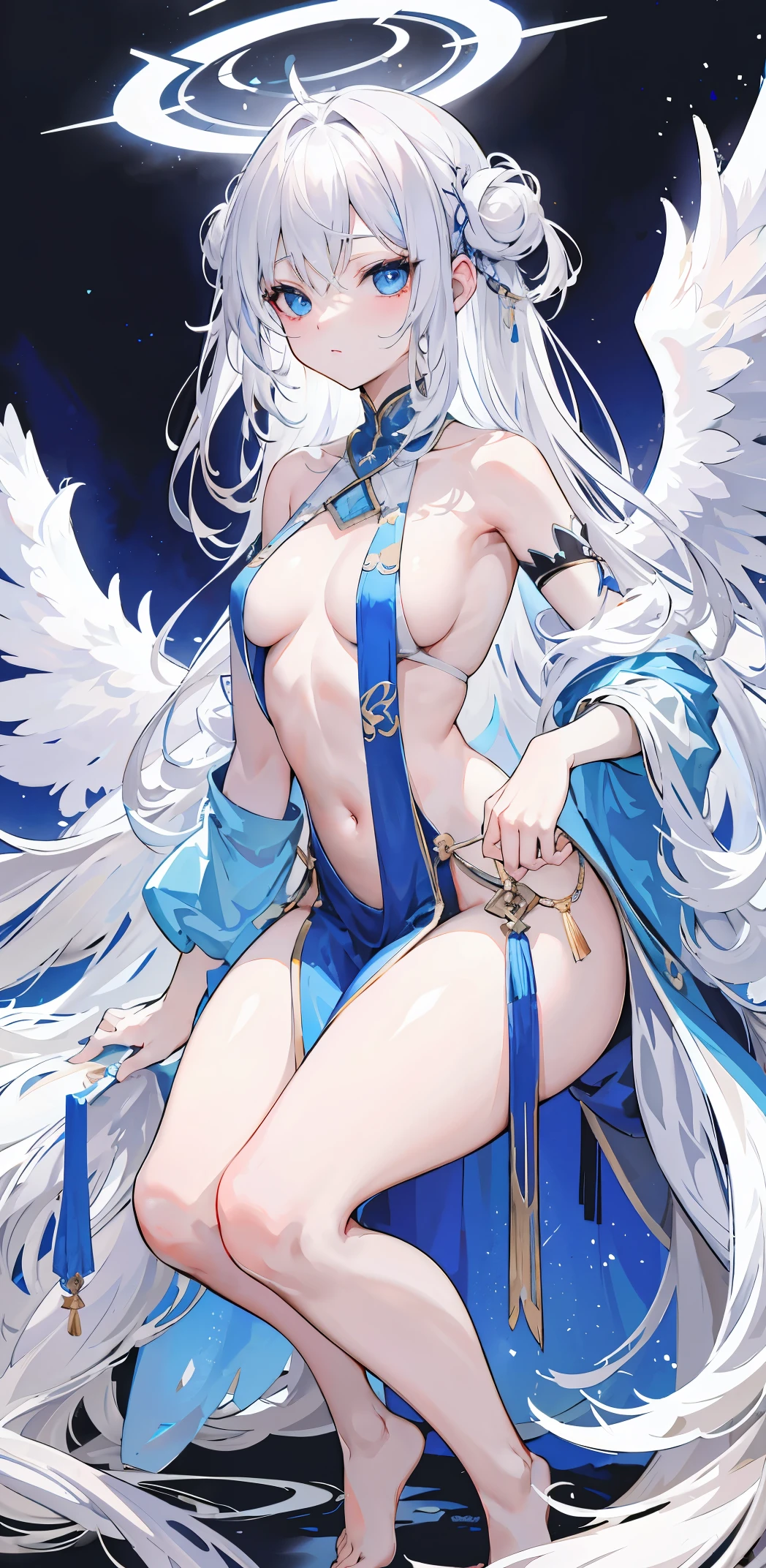 Super high quality skin，light skin color, White hair and long hair, Bigchest，Squat张开大腿，facing at camera，Squat，No clothes，slim，There are few clothes，enchanted，，sexy for，White wings, Angel wings， Overhead halo, blue color eyes, 一个sexy for姿势, Angelic,  angel mark,hyper HD， eBlue eyes.