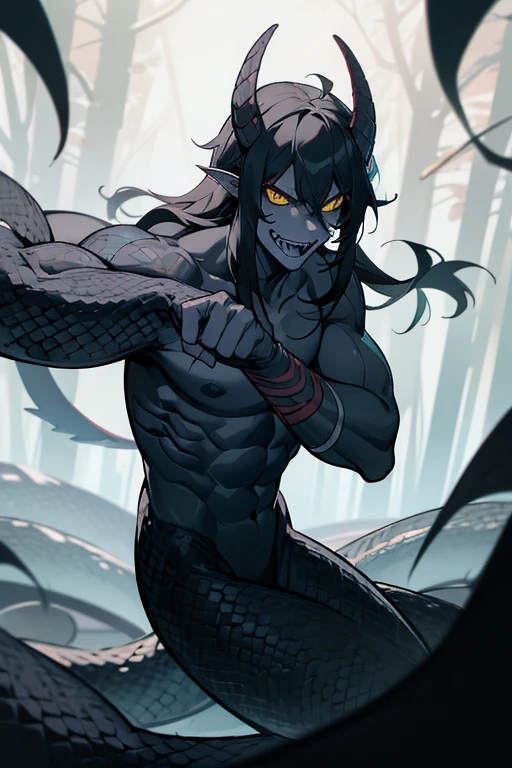 Lamiaan image a drawing of a man whose lower body is a snake, 1boy, black scales, black snake, male focus, solo, (monster boy),(snake boy), lamia, snake eyes, yellow eyes, (tsurime:1.0), oni horns, teeth, (fang:1.0), sharp fangs, (upper teeth), evil smile, glasgow smile, black hair, long hair, tired hair, muscular, topless, (pale skin), (sharp nails), (tribal tattoo:1.0), (background in forest),cinematic angle, masterpiece, best quality, high resolution, ultra-detailed