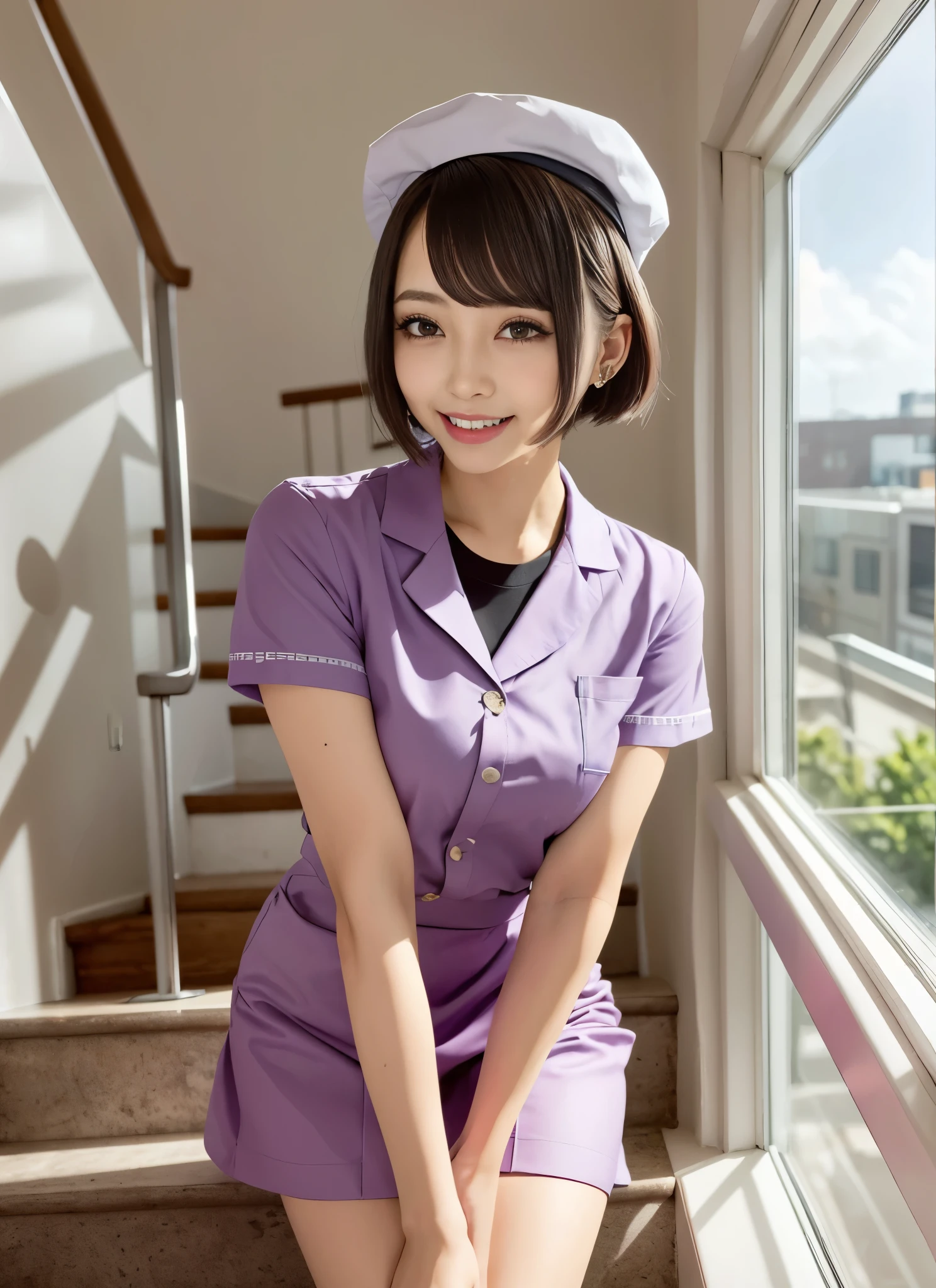 1 girl, Solo, kujousaradef, Nurse, Smile, blush, Hospital, Indoor, day, window, Short hair, skyporn, temple, Looking at Viewer, stairs, mont, Moody lighting, face to the viewer, Sexy Pose, show teeth, The tattoo, cool black The tattoo, ear piercings, cleveage, Nurse uniform, Mini skirt, stockings, Nurse hat, pink Nurse uniform, Infirmary,