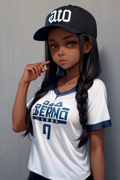 1girl, sozinho, pele clara, dark skinned female, parte superior do corpo, baseball cap, camiseta, Tomboy , seios, pelada, calcinha