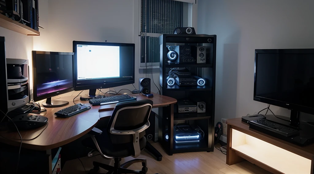 uma imagem ultra realista de uma quarto gamer colorido com computador e as palavras LIVE STREAM