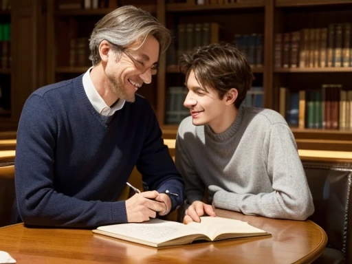 Vieil homme italien bien able to watch at the table in a library with a young teenager. Les deux hommes regardent la caméra, Grand sourire.