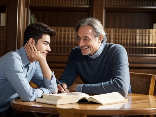 Vieil homme italien bien able to watch at the table in a library with a young teenager. Les deux hommes regardent la caméra, Grand sourire.