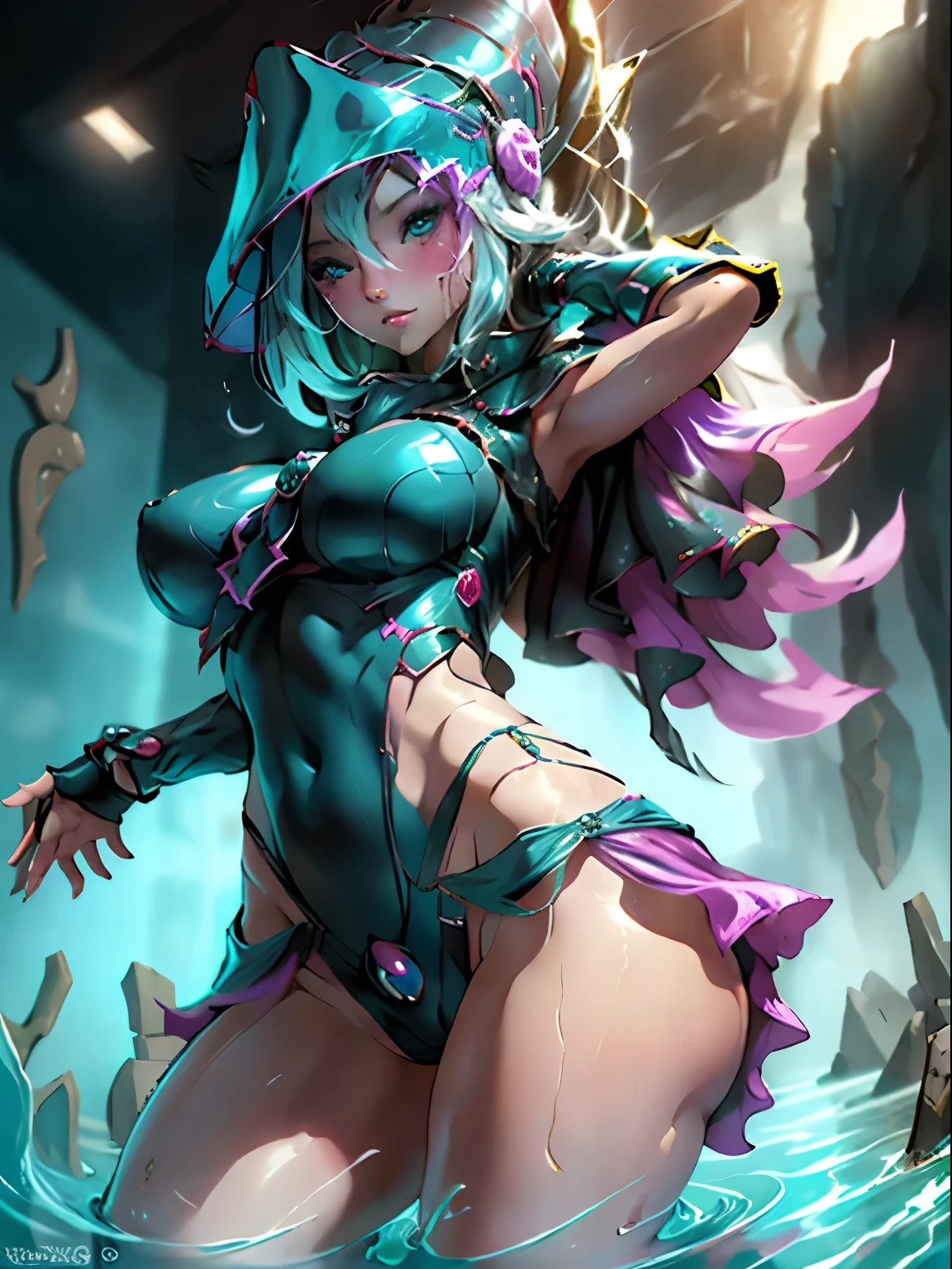 Dark magician gils saliendo del agua. Cabello mojado, cuerpo mojado, wet and translucent clothing, se esta recogiendo el cabello, Mirada seductora y sensual. Fondo de manantial. Pose sensual y sexy.