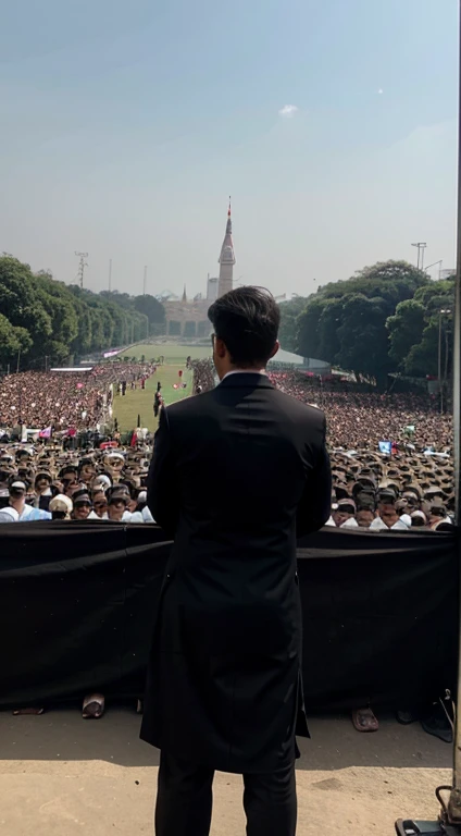 Make photo where I am giving speech as male politician Infront of thousands of people in Bangladesh, where people are standing in an open field at noon, i am giving speech on stage raising right hand above my head, wearing black formal dress, view is from my back side where I am at the centre of the picture and picture is taken from ground level of stagw to up ward direction.