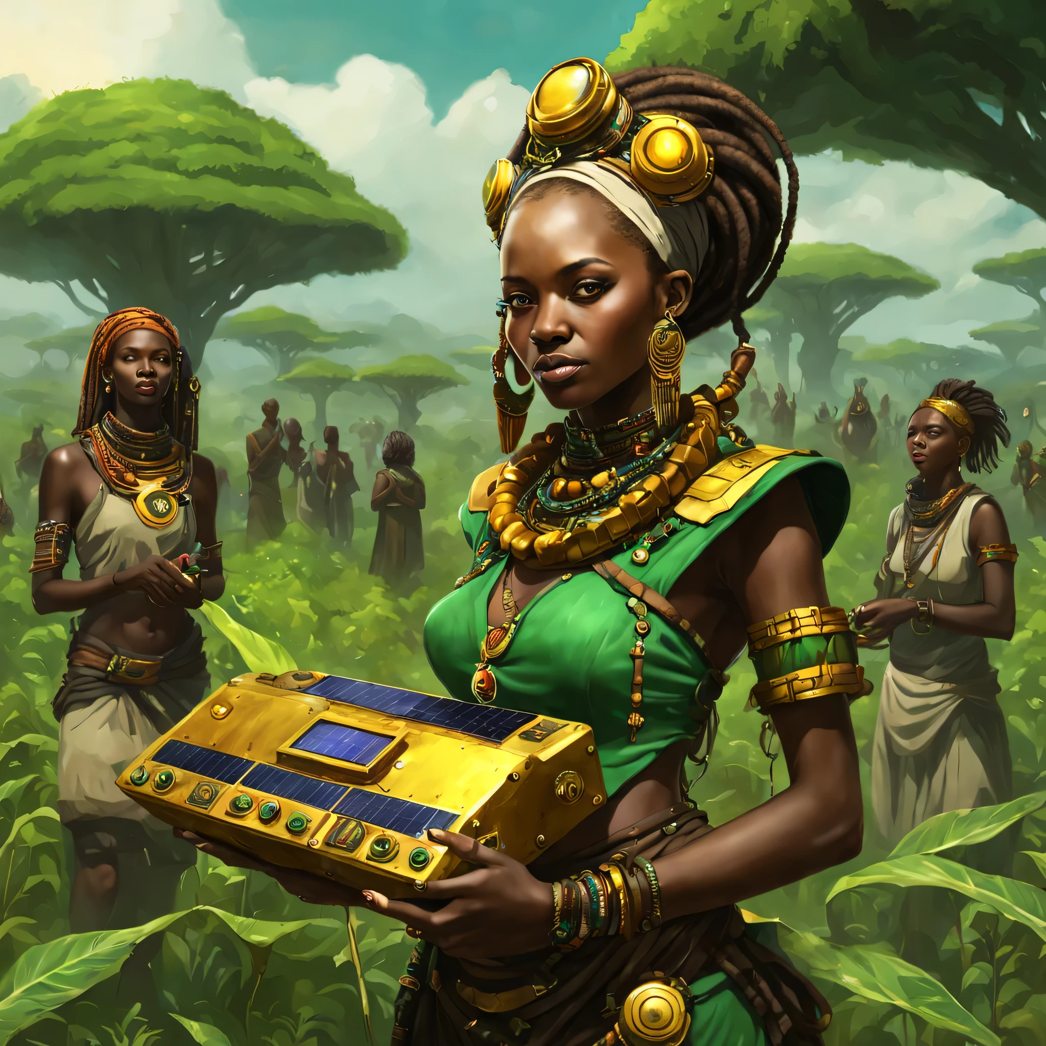 Kaya African solarpunk female wanderer holding an ancient artefact known as the "Harvest Amplifier." presents artefact to the council of African magicpunk lush green land surrounded of Solarpunk elders