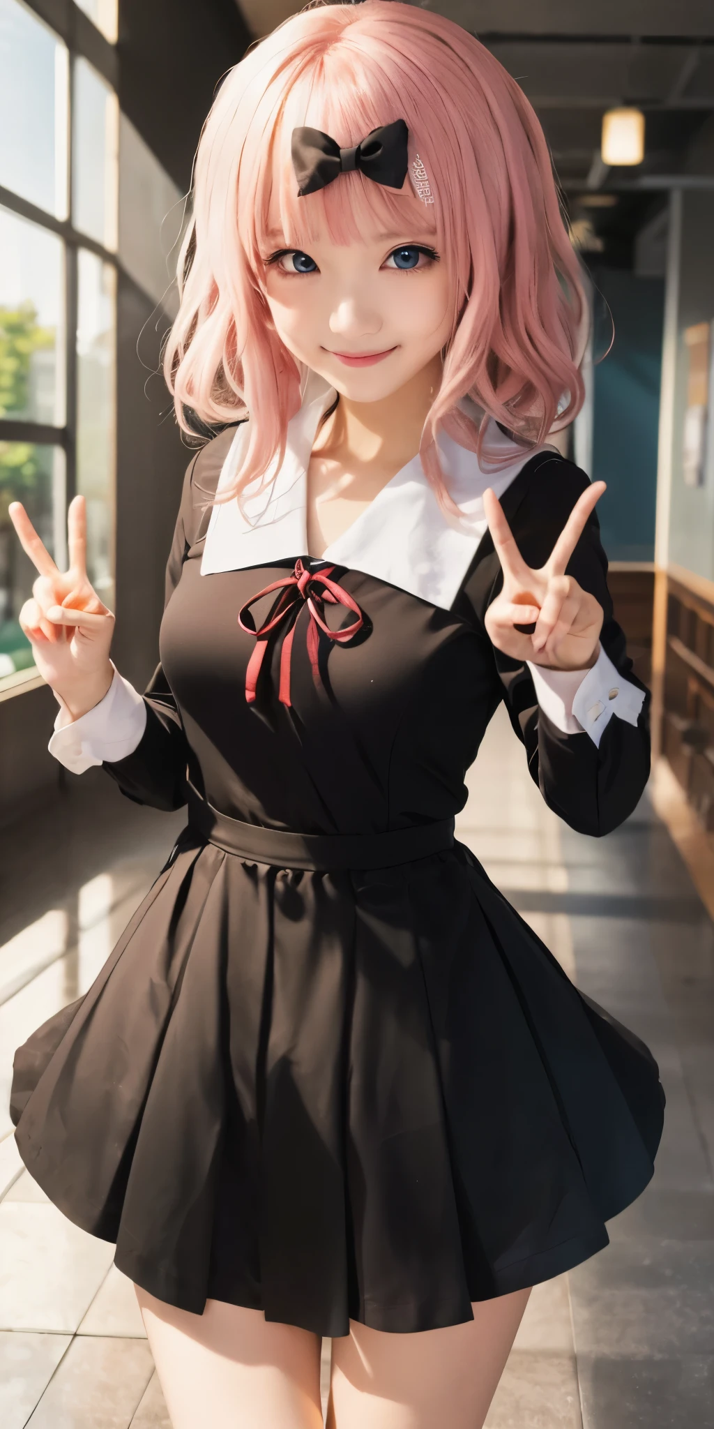 top-quality, 8K, ultra-detailliert, Photorealsitic, 2D, ​masterpiece, top-quality, animesque, ighly detailed, cowboy  shot, 1girl in, 独奏, fujiwara chika, (blue eyess:1.3), Red ribbons, A pink-haired, Hair Bow, Black bow, 校服, 夏の校服, is standing, school hallway, (Double peace:1.3), The best smile, open open mouth, Japan Faces, (15yo student:1.3)