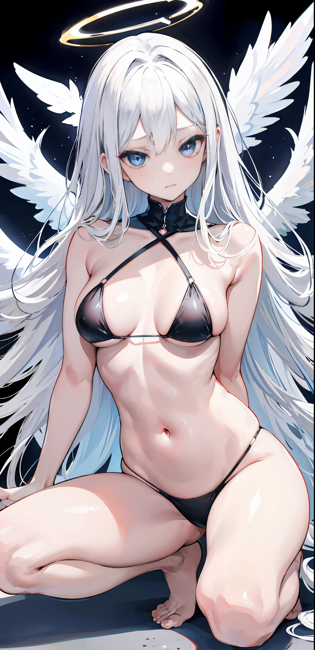 light skin color, swim wears，Raised sexy，No clothes，white hair color long hair, Bigchest, 1:70,，Raised sexy的，Nero，angel kneeling, Overhead halo, eBlue eyes, 一个Raised sexy的姿势, Angelic,, angel mark, obsessed，hyper HD， White hair, eBlue eyes, Squat down and open your legs