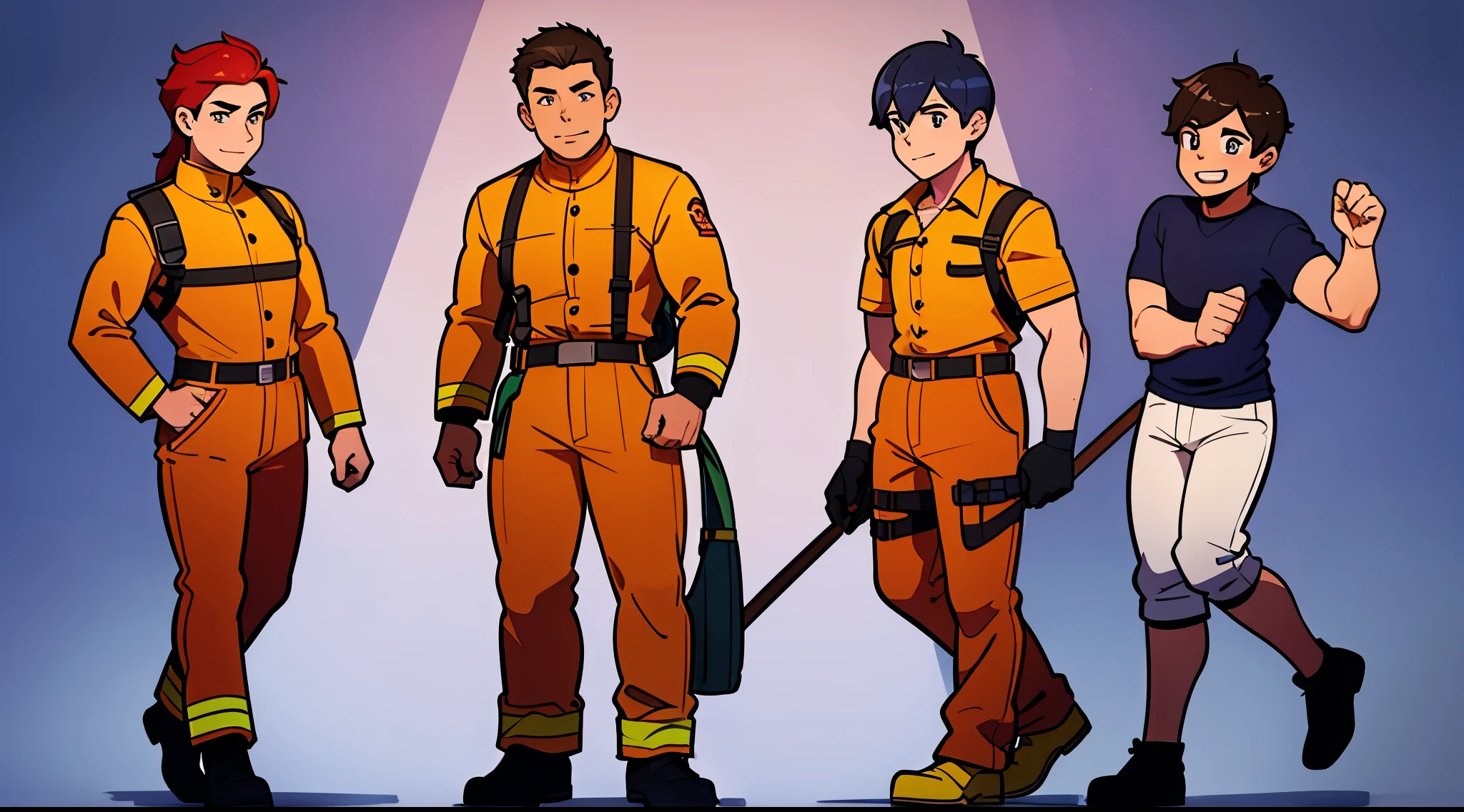 make a group of 4 male firefighters, estilo 2d, disney