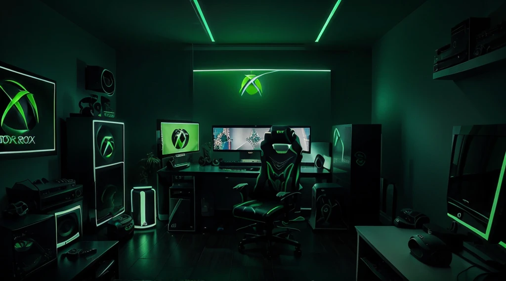gamer room , dark room, xbox logo,  green neon lights, ultra realistic studio