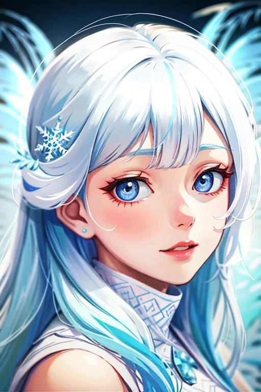 Girl, Snow Maiden, icy eyes, frost in her hair, frosty patterns,
radiance, soft contours, detailed background, bright colors,
gradient, pastel colors,