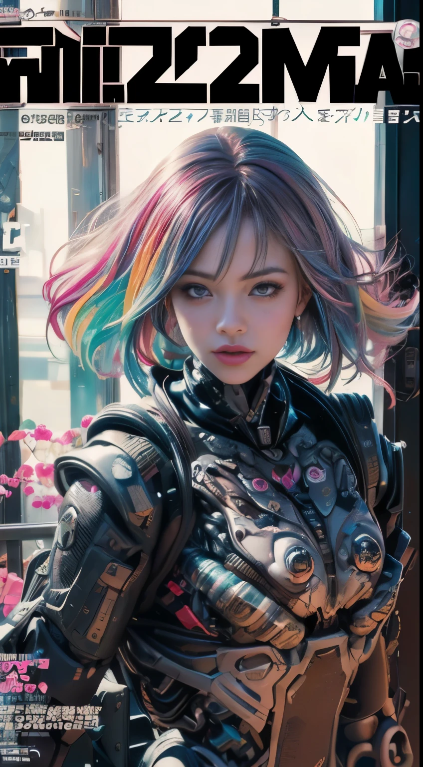 Flowing_contour biomechanical__cybernetic_airbrush___Strange__(((Japanese Harajuku style Fashion_(((colorful Magazine_cover)))__art_decor_Border)))__porcelain_and_Platinum / Futuristic Cyberpunk woman with porcelain skin, cybernetic implants.