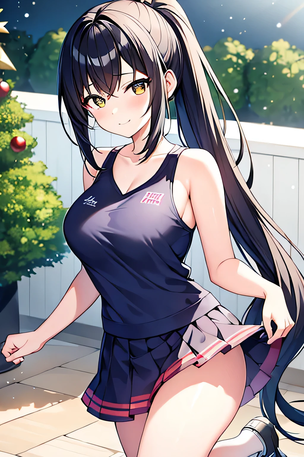 captivating scene featuring a cute anime-style girl with distinctive features, set against the backdrop of a winter wonderland. The girl will have black hair tied in a ponytail, Unique eyelids, e encapuzado, sensual, Conjunto profundo, olhos cativantes de uma impressionante cor laranja escuro. Your facial expression will be a gentle smile. idade 15 anos. She will wear a sports-themed top and a microskirt adorned with an intricate floral and sporty design..... The background will represent a house lit by a tree, creating a magical Christmas atmosphere. The action captured will be as if she is playfully jumping - skating and lifting one leg, adding a sense of movement and joy to the scene. This combination of elements should produce an ultra-special quality image that looks like a masterpiece. ((busto muito pequeno.))