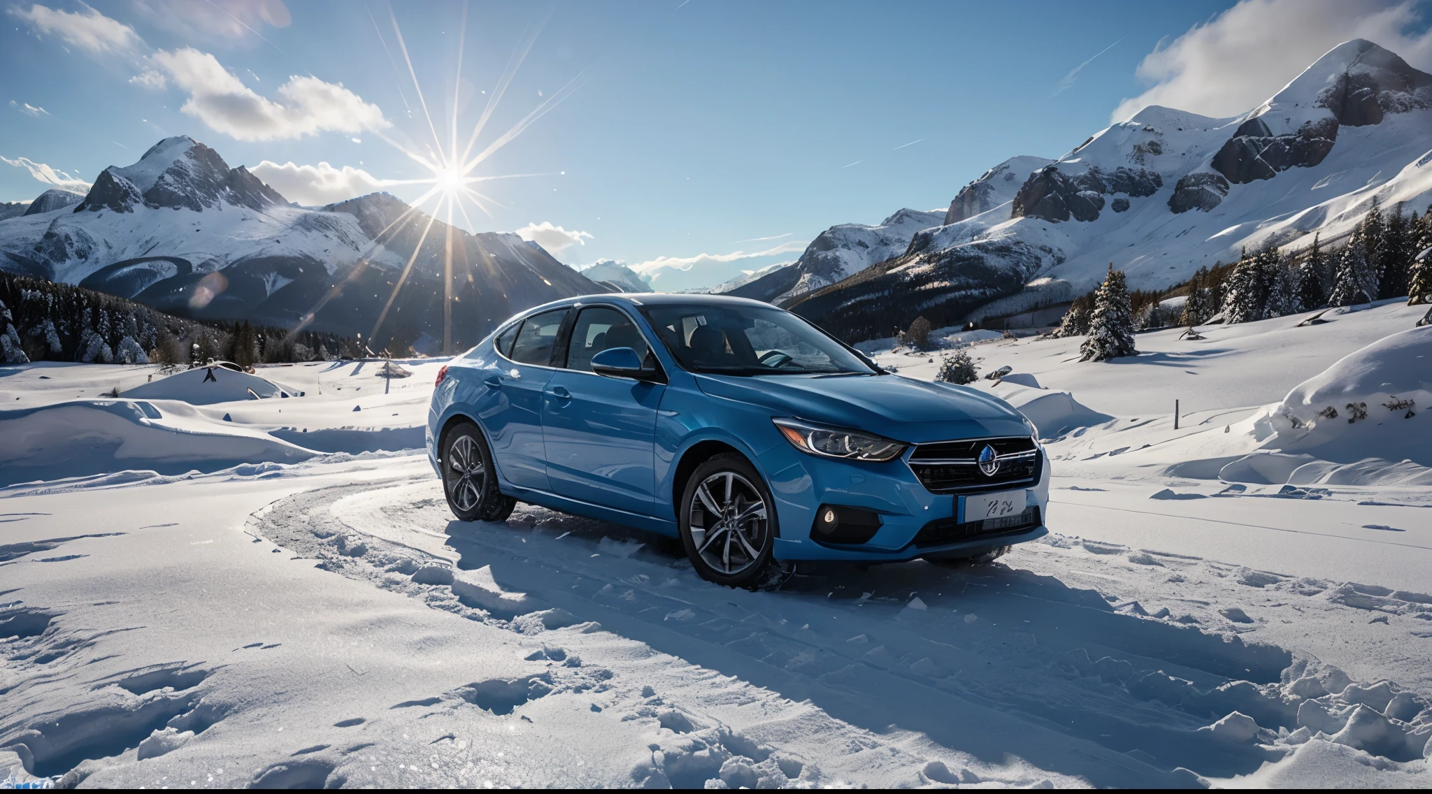 a blue car driving on a snowy mountain, cinema lens flare, reflections in the glass, ultra resolution, professional photography style