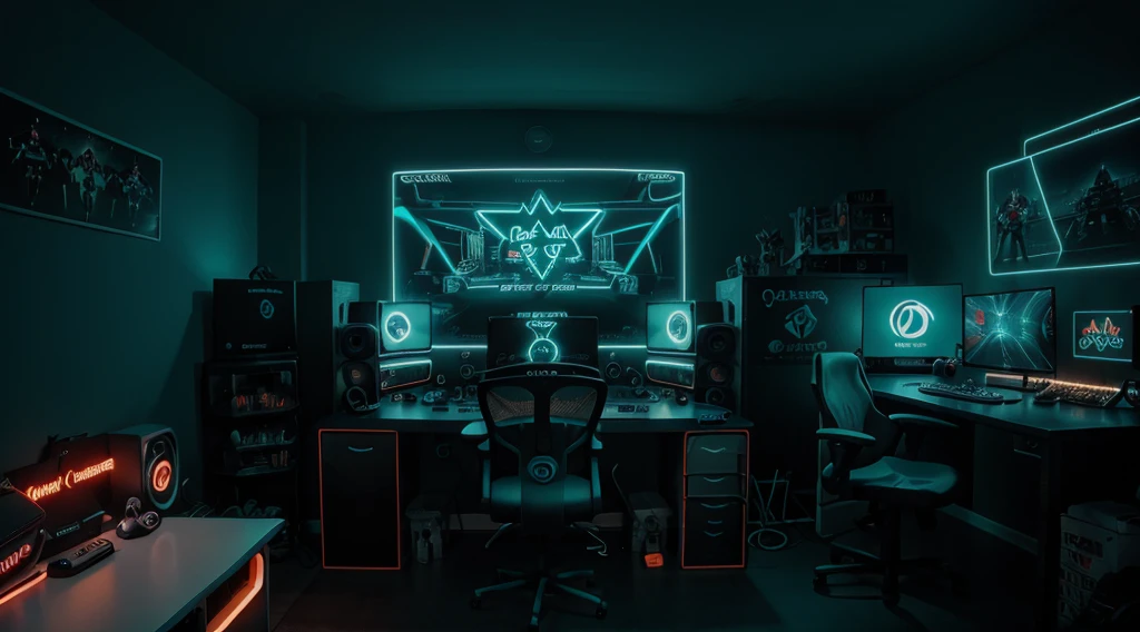 gamer room , dark room, game poster background,  Teal and orange neon lights, ultra realistic studio, game streamer room, very dark