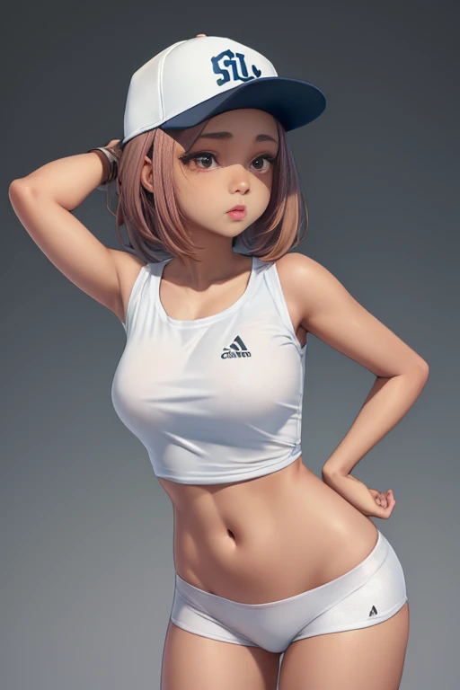 1girl, sozinho, pele clara, naked light skinned female, parte superior do corpo nua , baseball cap, camiseta nua, Tomboy , seios, pelada, calcinha toda nua