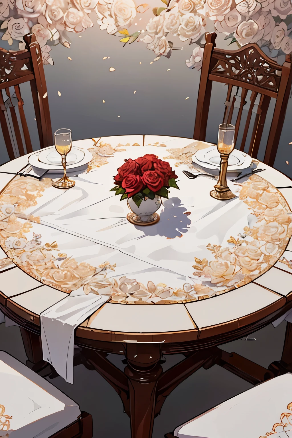 (masterpiece:1.2),(best quality), (ultra detailed), (8k, 4k, intricate, (highly detailed:1.2),(detailed background),(detailed landscape) gazebo, it is a really beautiful spot. There is a small table made of white marble. The marble has intricate carvings in it and the table is surrounded with a white cotton tablecloth. There are red rose petals are spreaded all around the table. There are two chairs next to the table facing each other. The entire place looks very romantic and peaceful.