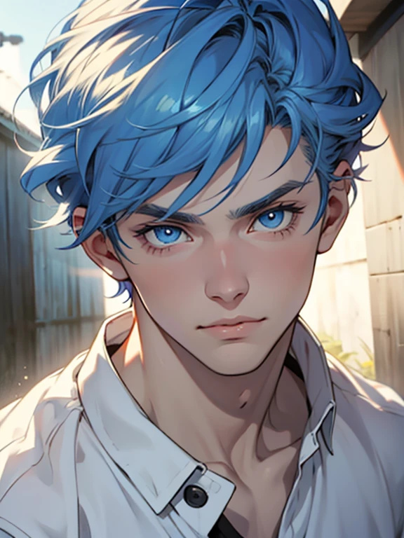 Pale teenage man, male, blue eyes, button nose, thin lips, extremely pretty and handsome, sunlight,  looking at viewer, effeminate, casual ,short curly pale Blue hair, pretty, highly detailed, epic, anime style