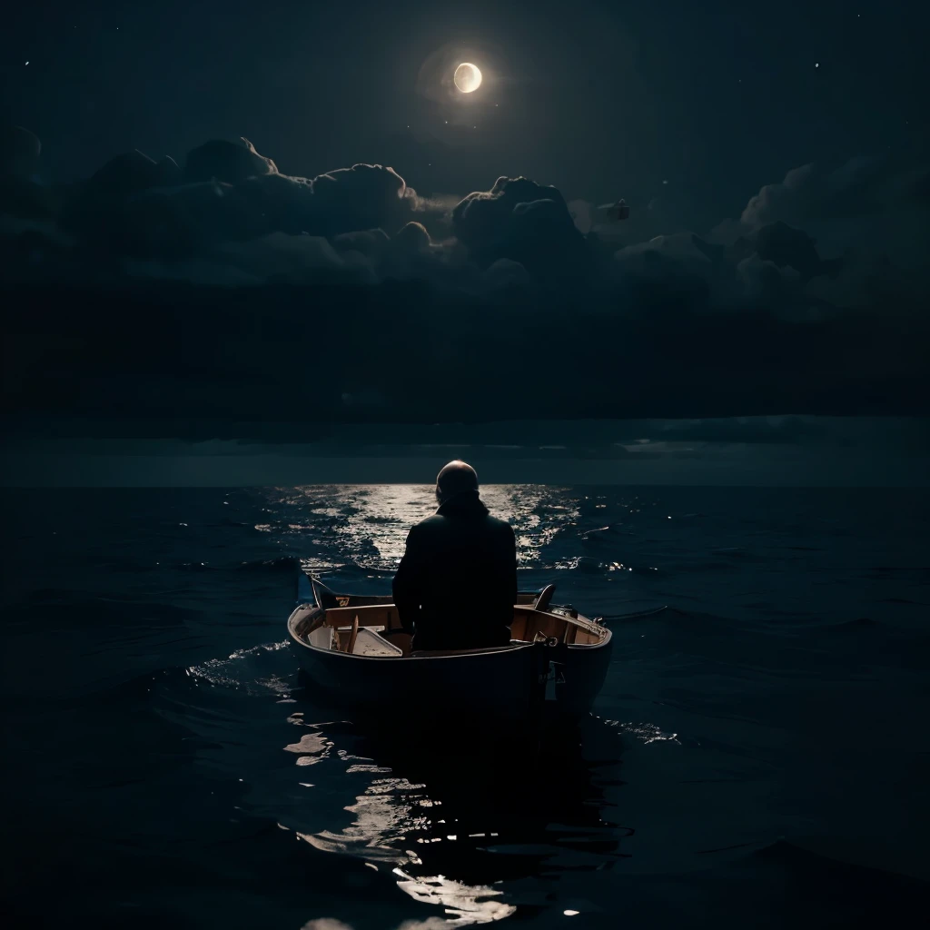 A lonely man in a boat in the middle of the sea, in late Time of night,He is sad and looks at the moon without showing his face