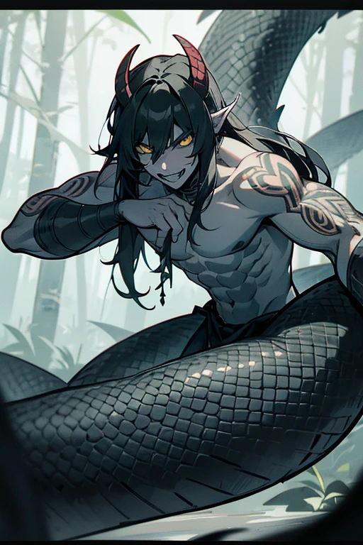 Lamiaan image a drawing of a man whose lower body is a snake, 1boy, black scales, black snake, male focus, solo, (monster boy),(snake boy), lamia, snake eyes, yellow eyes, (tsurime:1.0) , oni horns, teeth, (fang:1.0), sharp fangs, seductive smile, black hair, long hair, tired hair, muscular, topless, (pale skin), (sharp nails), (tribal tattoo:1.0) , (background in forest), cinematic angle, masterpiece, best quality, high resolution, ultra-detailed