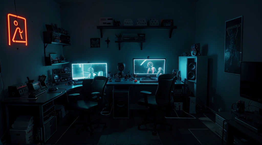 studio, dark background, orange neon lights, ultra realistic studio, game streamer room, very dark