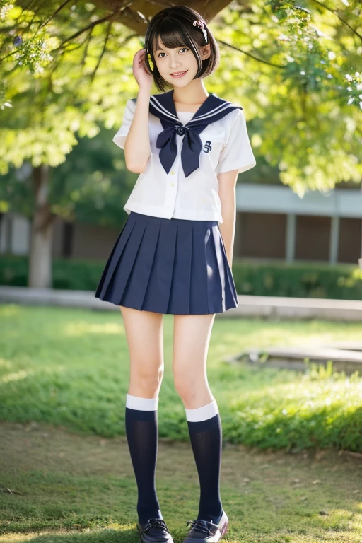 (((​masterpiece))), (((Full body photo)))， (One beautiful Japan girl, classmates, landscape and innocence，kawaii) ，超A high resolution, Realistic, ultra-detailliert, 8K,top-quality, Extremely detailed, Detailed background,A slender,very beautiful japanese girl, Detailed face:1.3), (Bery short hair，A dark-haired :1.4), (a baby face，kawaii系,adorable 14 year old girl), (Perfect body:1.1),  (Neat sailor suit，Dark blue mini skirt、Dark blue high socks、lowfers), on the grass in the park，Requisitioning smile,Please show me your beautiful teeth,Focus on the crotch，The skirt is rolled up、Panties are visible，Underwear is sheer，sexy  pose，rosy cheeks，Super Detailed Face、Detailed lips、A detailed eye、small gravure idol，Transparent skin、Lori，japanese hight school uniform，Shade，Under a big tree，电影灯光