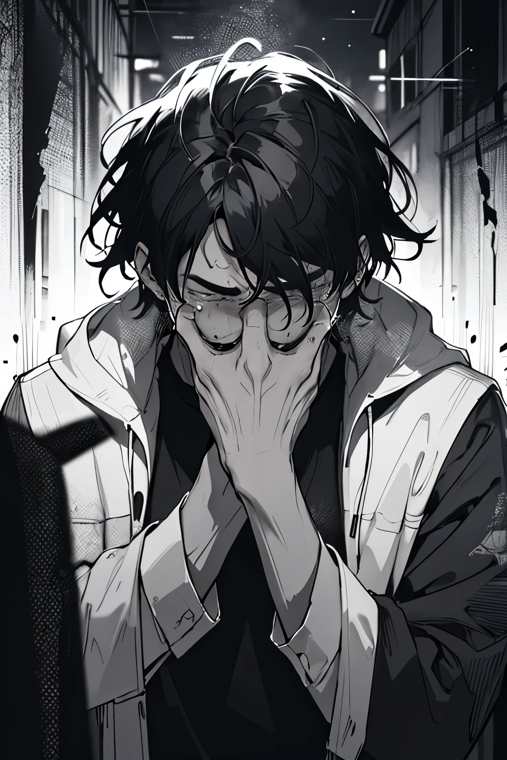 black and white image, High contrast, A man's face, covered eyes, tears flow, Crying, depression, chaos in the background