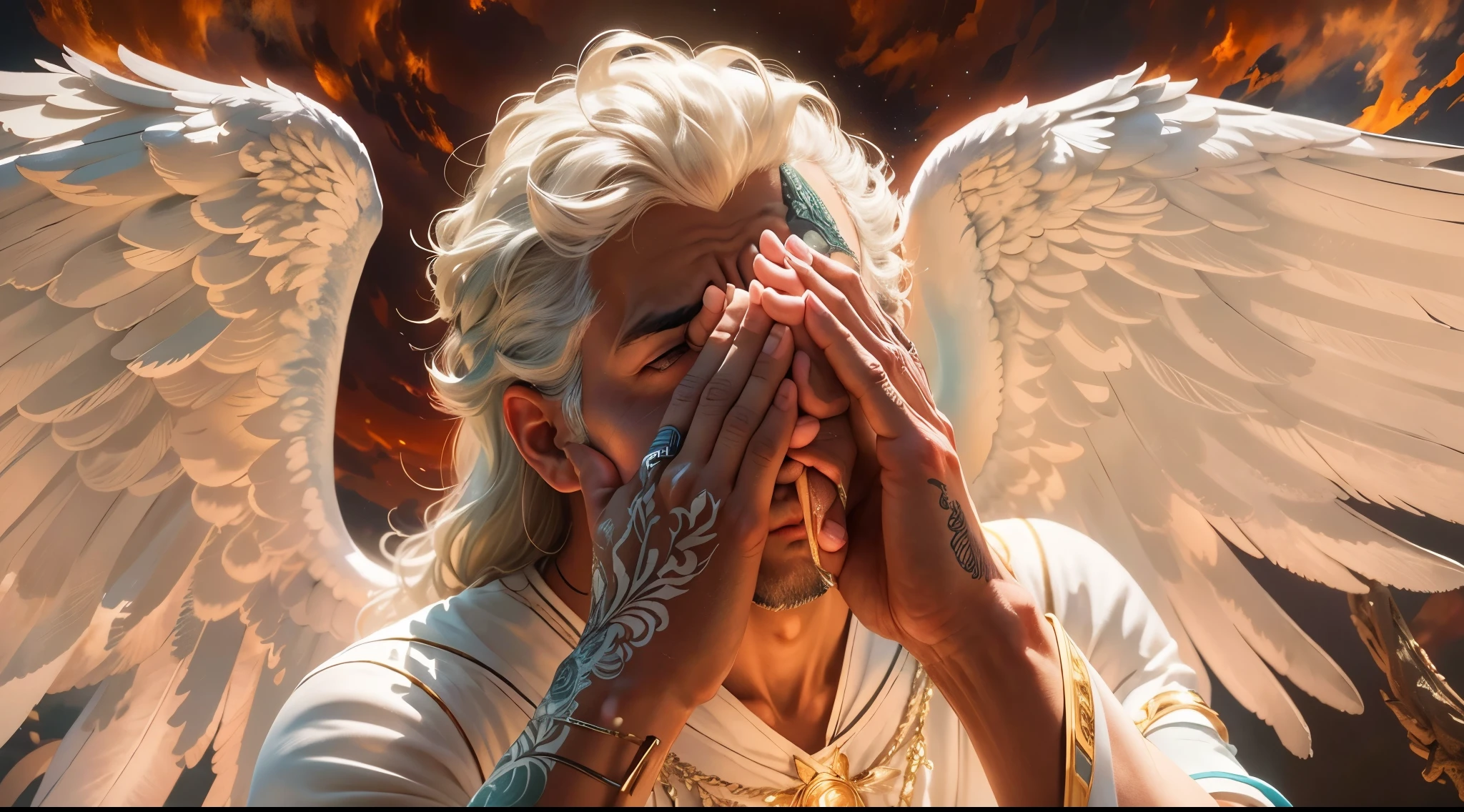 Closeup of an image of a man angel praying and blessing, arcanjo homem com asas grandes, o anjo da fortuna, perfeito, Reslistic, Biblical setting, celestial scenery, sol e nuvens ultras realistas, flores e velas, illuminated archangel of heaven, Passes em segundo plano, flores coloridas, velas acesas, roupas brancas e vermelhas