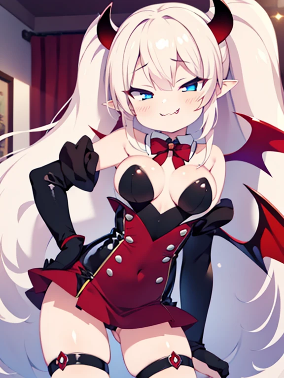 tachi-e, game cg, Highly detailed and realistic CG, Colorful, Masterpiece, Best Quality, jewel-like eyes, 1girl, solo, black hair, shiny hair, long straight hair, very long twintails, slender, skinny legs, succubus girl,succubus luxury dress, mini skirt, succubus boots, aqua blue eyes, large breasts, under boobs, black elbow gloves, latex, smirk, smile, jig eyes, jitome, half-closed eyes, tsurime, background, from pov, best quality eyes, sharp teeth, tsundere, standing, contrapposto, hand on hip, (shiny skin:1.0), succubus wings, succubus tail, mesugaki, teasing, smug, cute girl, petite, open mouth, fangs, tongue out, pointy ears, pink heart tattoo, (Sharp Focus:1.2), Thin arms, Thin legs, outline, Evil Female Executive Succubus, ruler tattoo