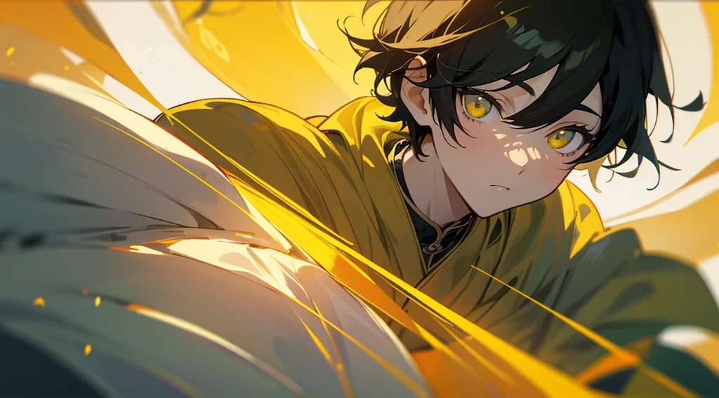 anime boy with olhos amarelos and black hair, with glowing olhos amarelos, por Yang J, glowing olhos amarelos, arte de anime digital detalhada, seus olhos brilhando amarelo, retrato impressionante do rosto do anime, Arte no estilo de Guweiz, amarelo - olhos alaranjados, olhos amarelos, Focused amber eyes, olhos laranja brilhantes, com olhos vermelhos brilhantes, Ele tem olhos de lobo amarelos, com olhos vermelhos no fundo da alma